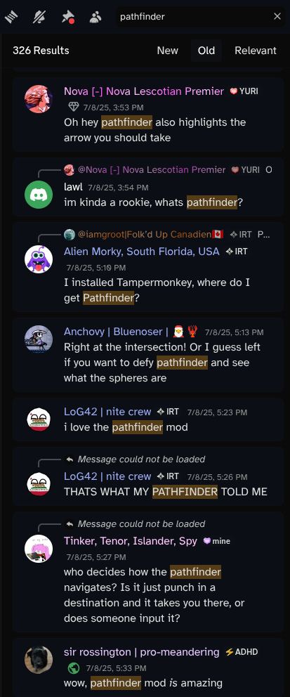 Discord search results for 'pathfinder', with people talking positively about it