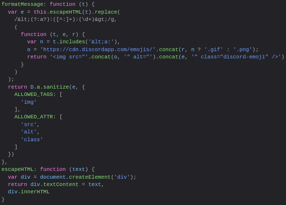 A screenshot of the website's JavaScript showing the code for the functions named formatMessage and escapeHTML