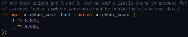 Screenshot of Rust code showing that 1 option costs 5.875 seconds, while any other number of options costs 9.625 seconds