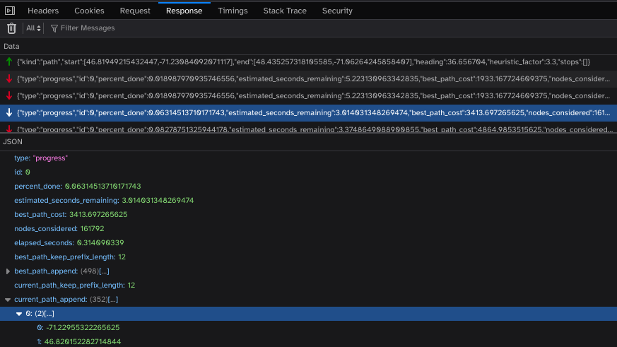 Screenshot of DevTools showing messages that were sent and received by the pathfinder websocket, with one clientbound message selected