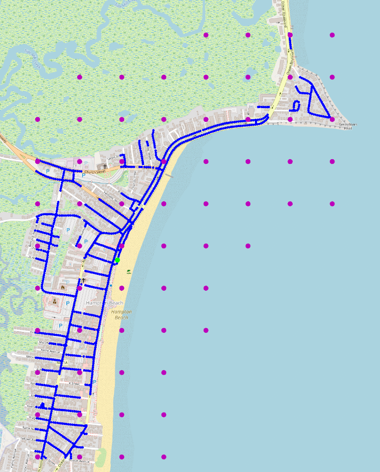 A screenshot of a map with blue lines and some purple dots. Some of the blue lines have gaps