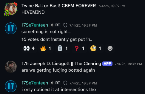 Discord Screenshot of a few people suspecting that someone is botting