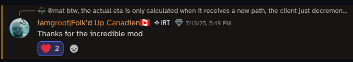 Discord message by user 'iamgroot' replying to me, saying 'Thanks for the incredible mod'