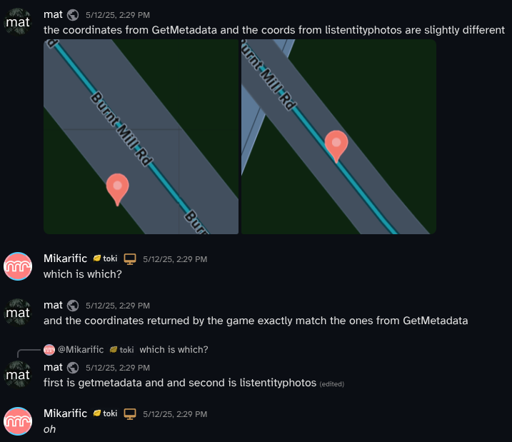 Discord screenshot of a DM that I sent to Mika when I first discovered that there's two types of coordinates