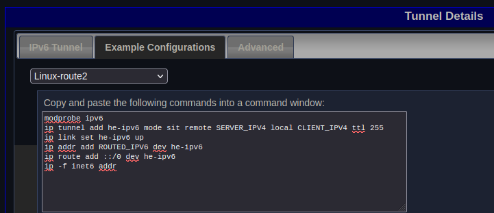 Hurricane Electric's example configuration page showing some IP commands