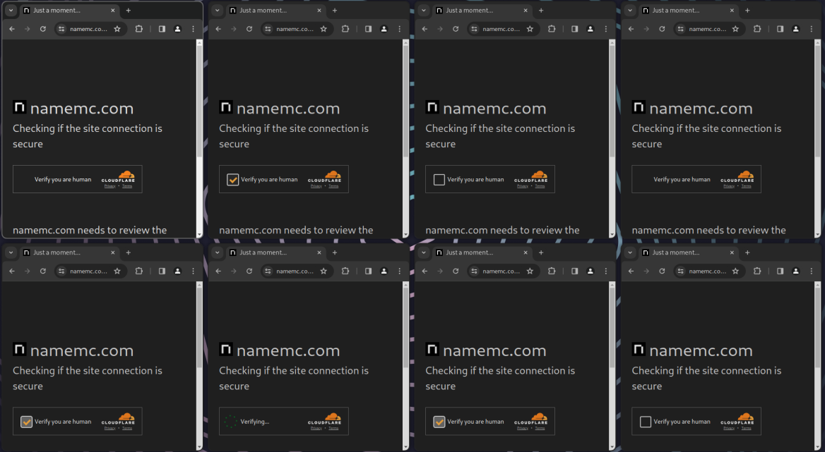 A grid of 8 Chrome windows showing a Cloudflare captcha page, with the captchas all being clicked simultaneously